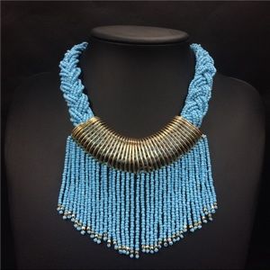 Blue beaded tassel statement necklace